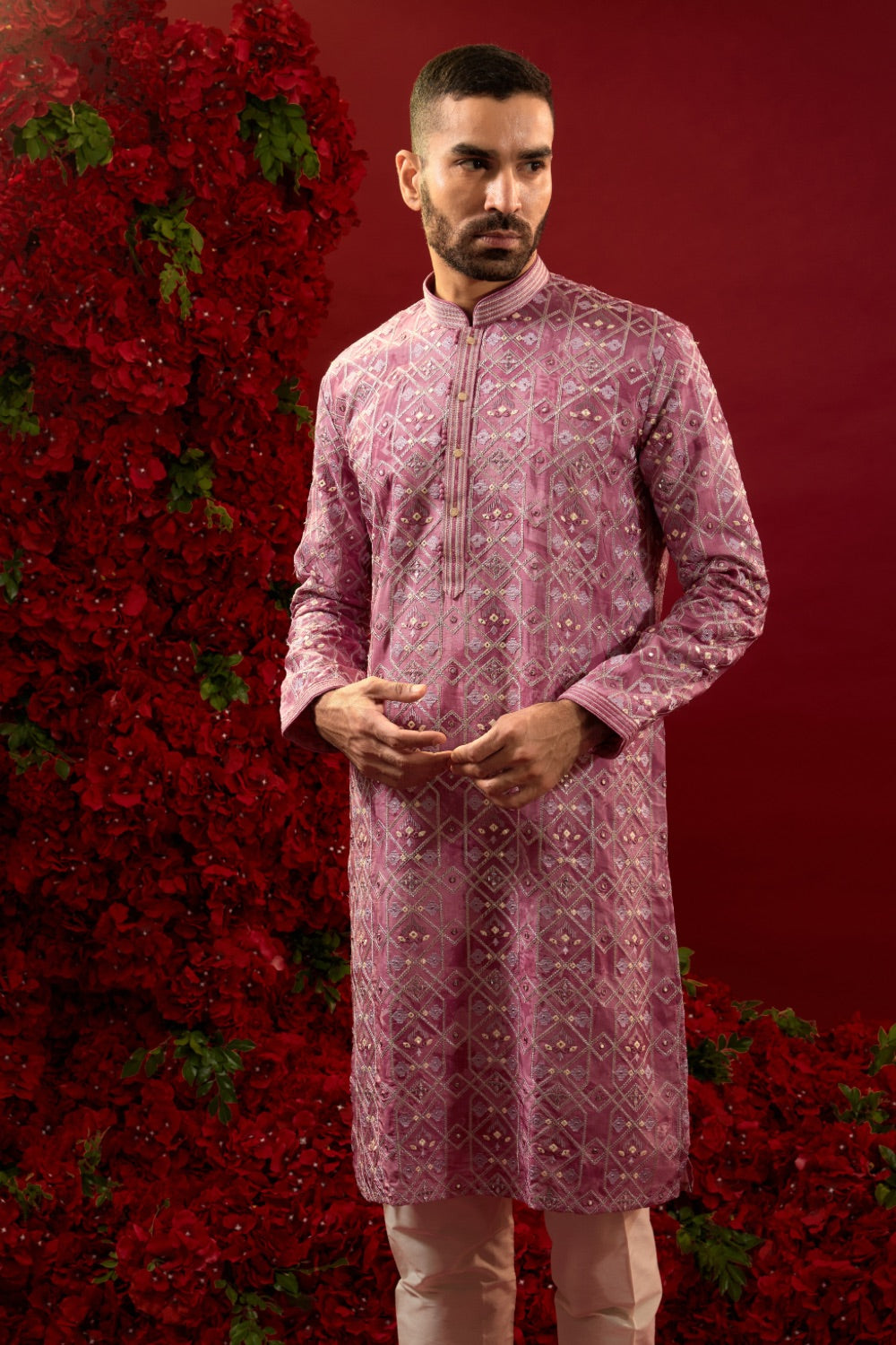 Light purple silk  kurta & pajama with  machine work