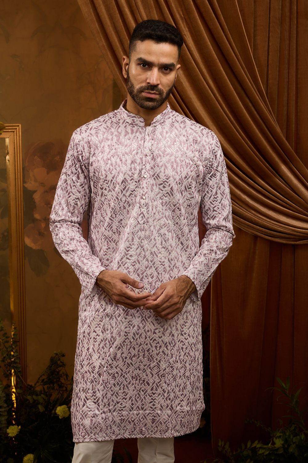 Ivory silk kurta pajama set with onion colour thread, sequin and embroidery work