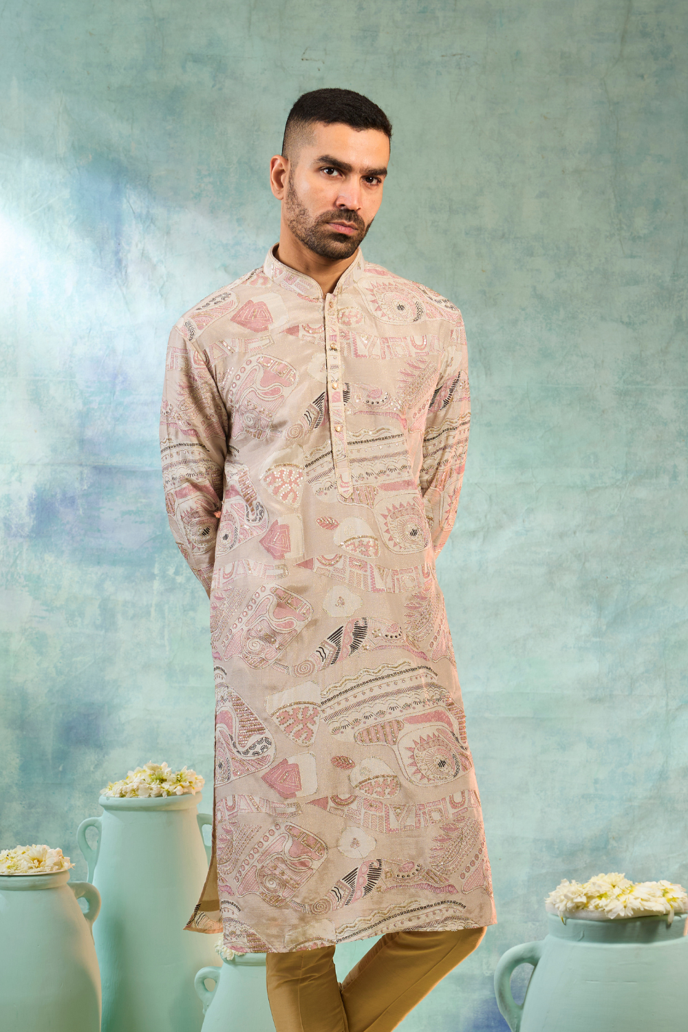 Beige silk kurta set with thread and sequins work