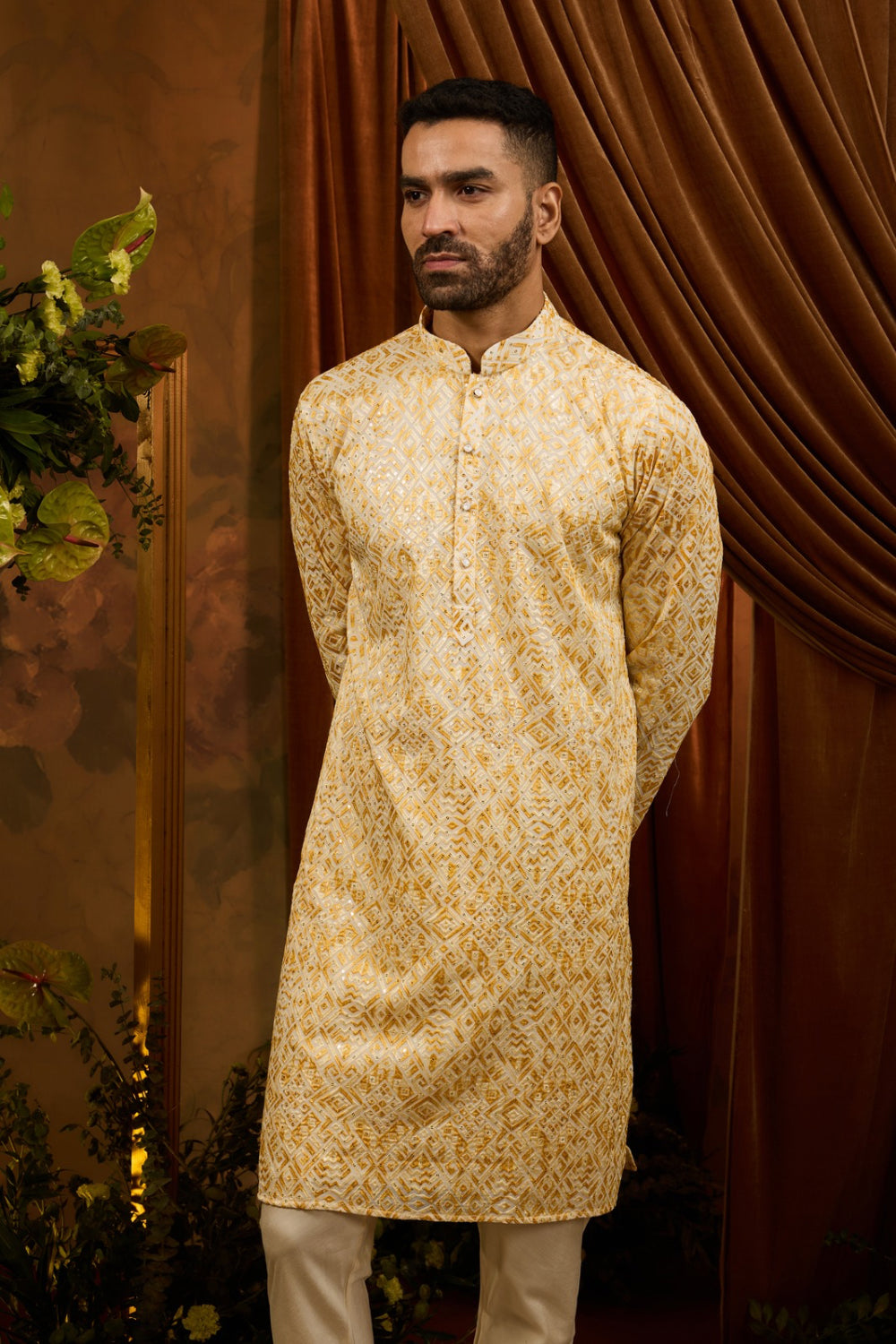 Yellow silk kurta pajama set with sequin machine work