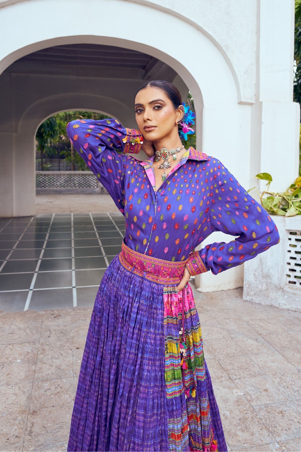 Deep blue soft silk Indo-Western with multicolour thread work