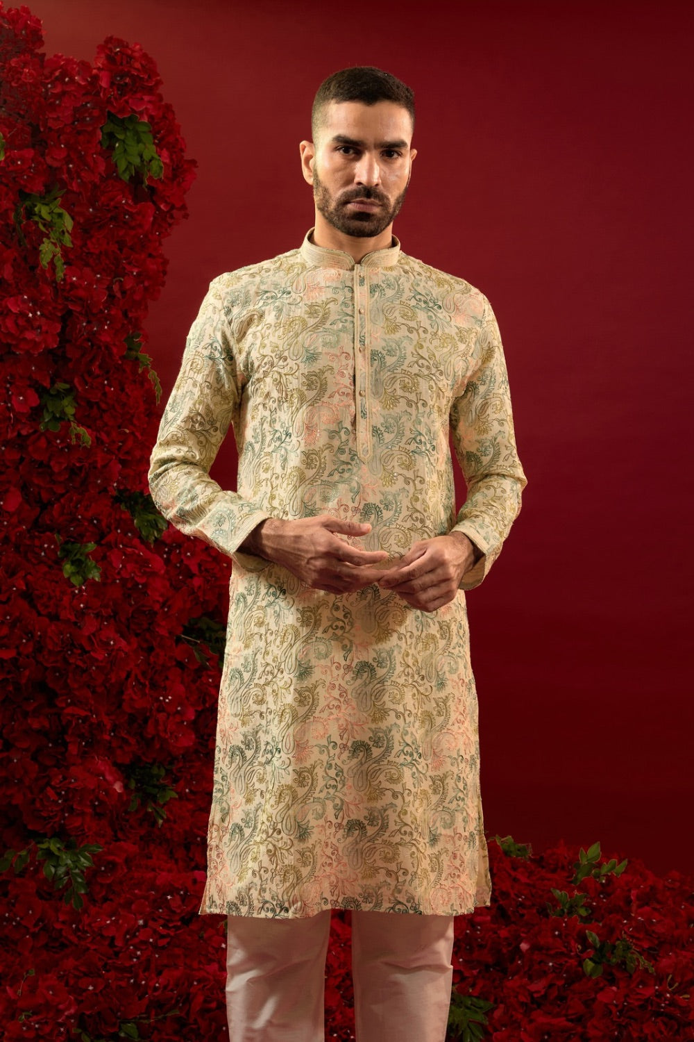 Green silk  kurta with machine work