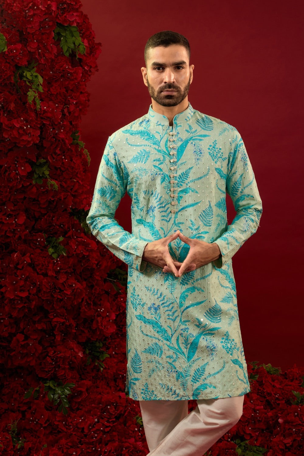 Blue silk kurta set with machine work