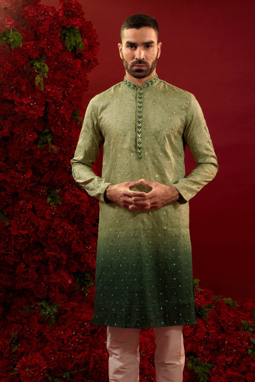 Ombre green silk kurta & pajama with hand and machine work