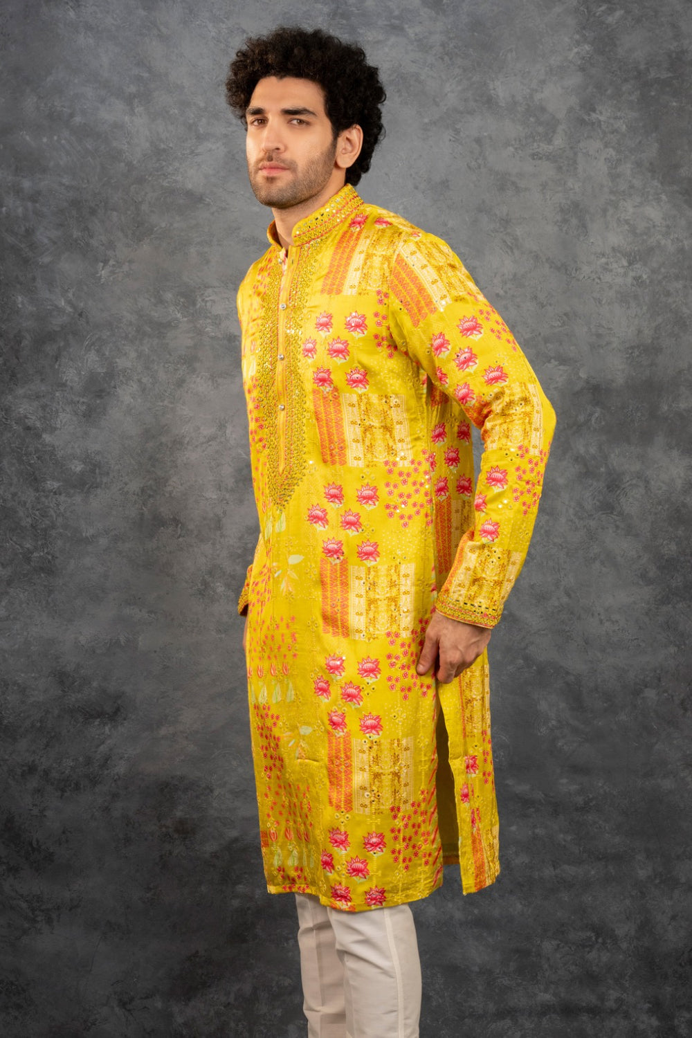 Yellow printed silk kurta set with mirror embroidery