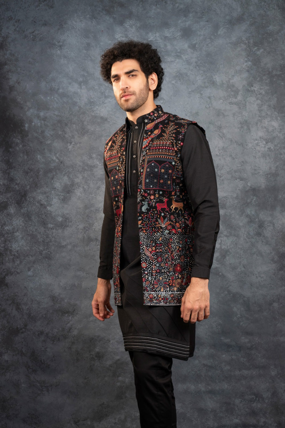 Black silk koti set with multicolour resham embroidery and sequins work