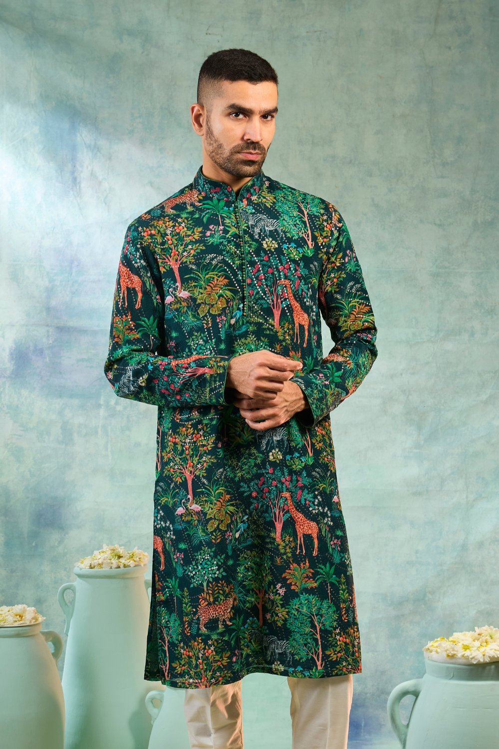 Deep green kurta set with forest print work