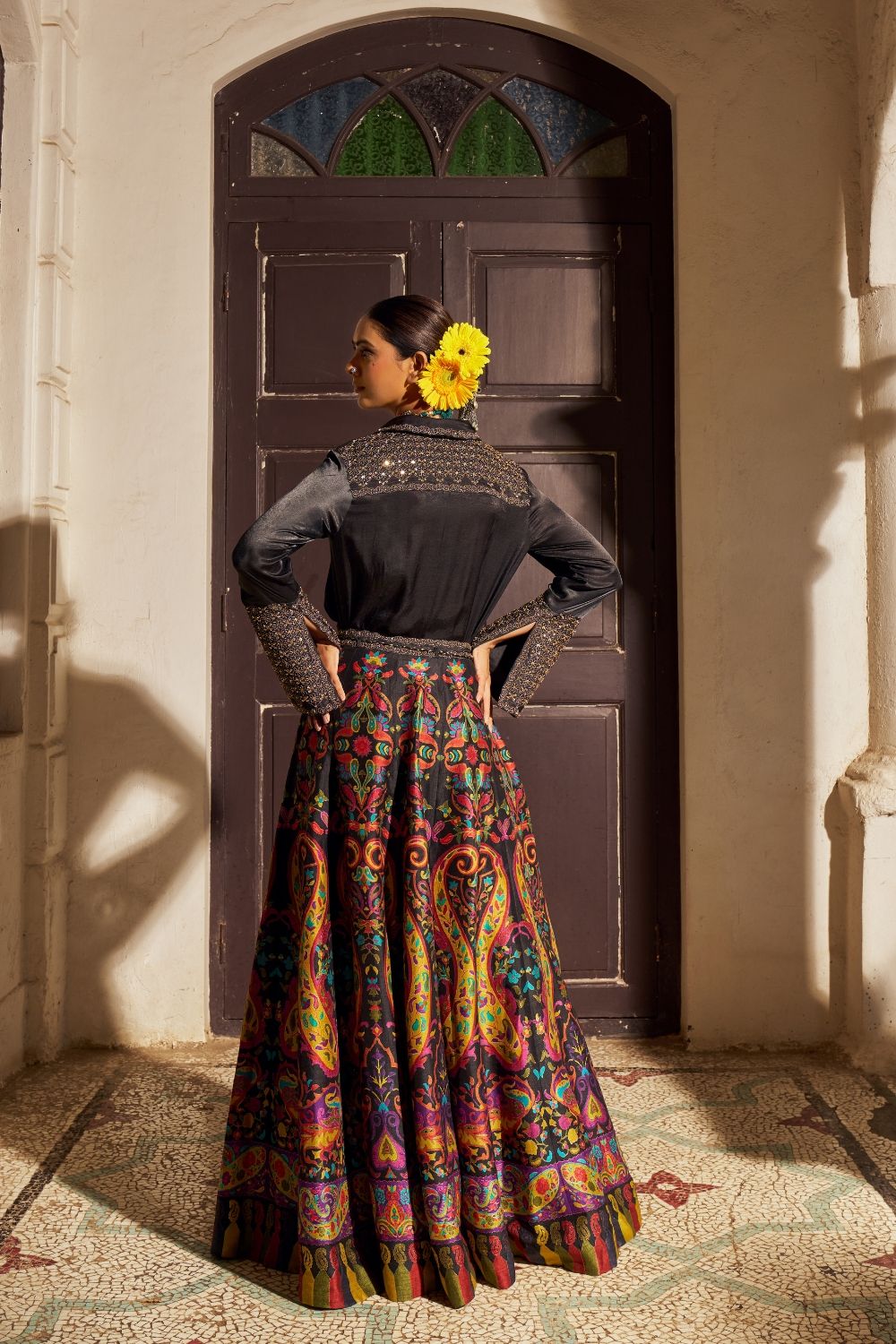 Multicolour printed silk lehenga choli