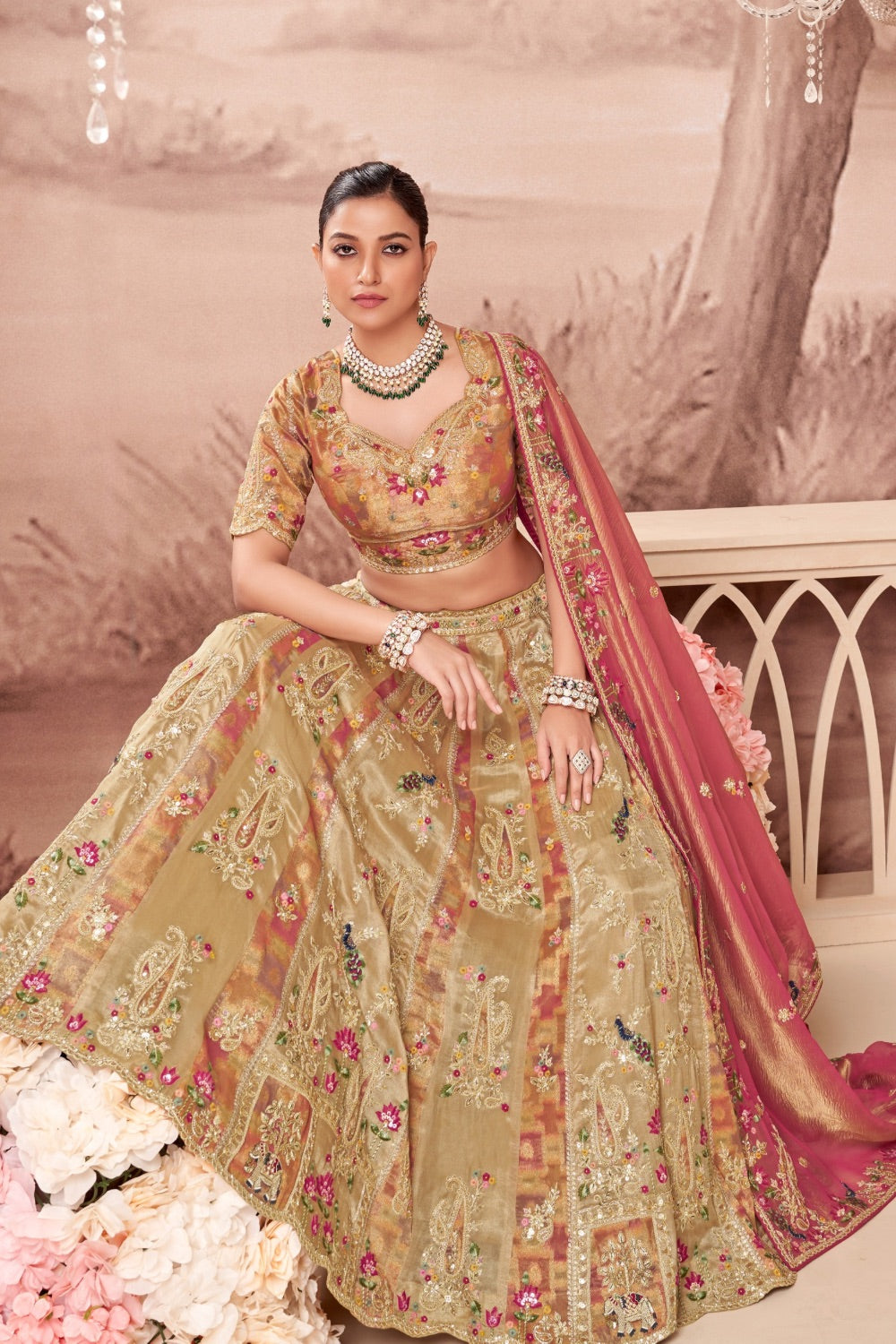 Peach & Beige banarasi silk lehenga set