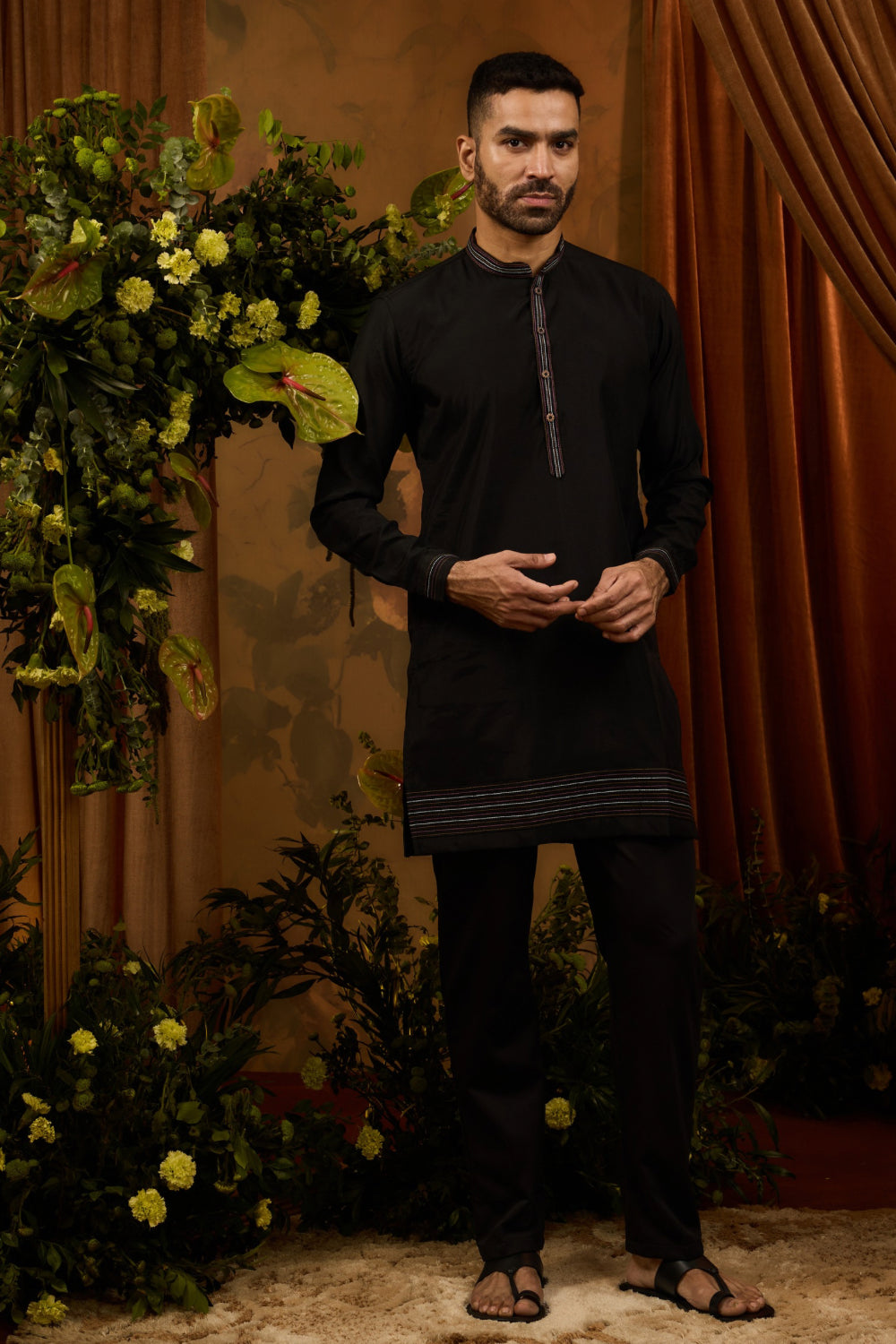 Black silk kurta set with multicolour thread embroidery