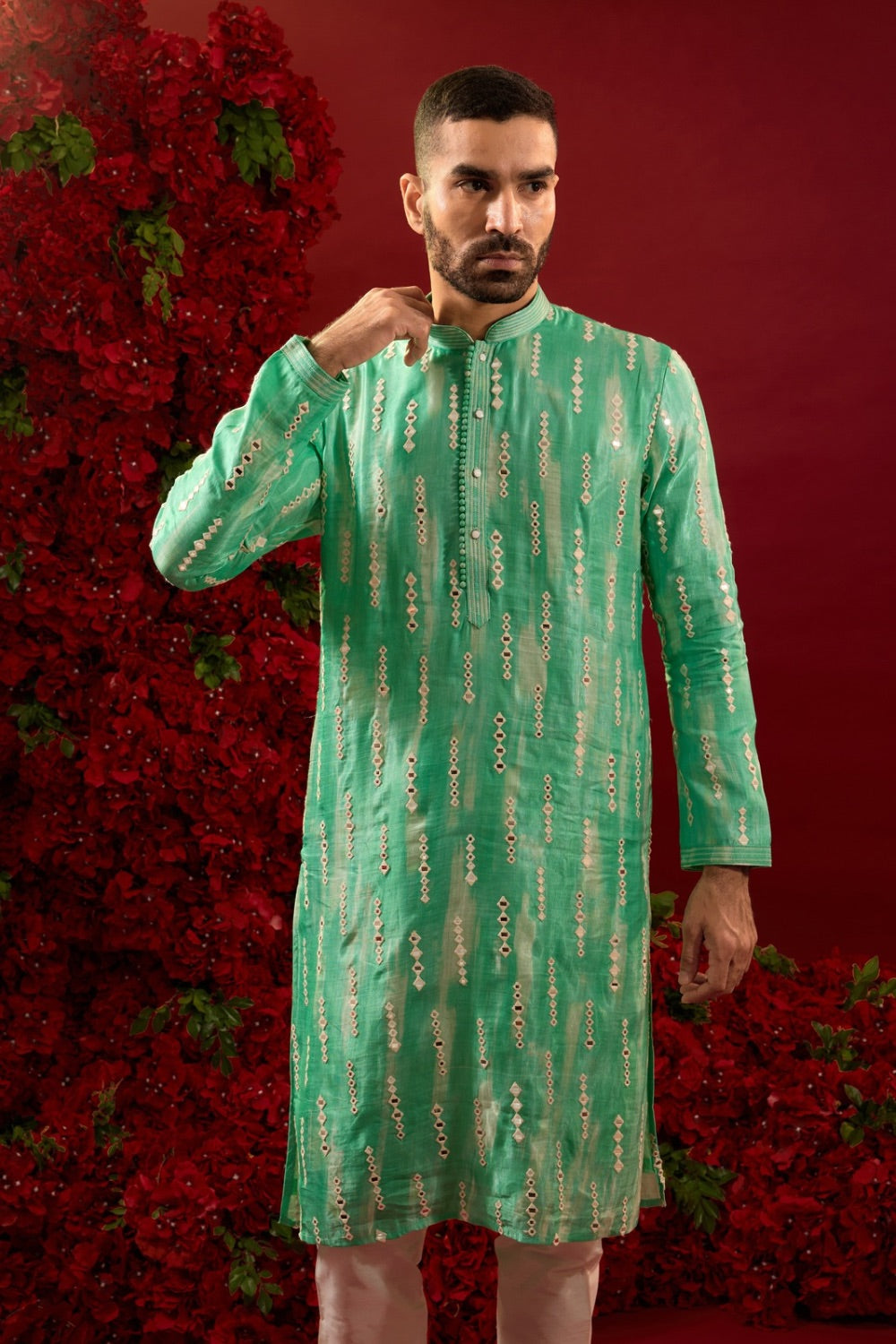 Green silk kurta pajama with hand & machine work