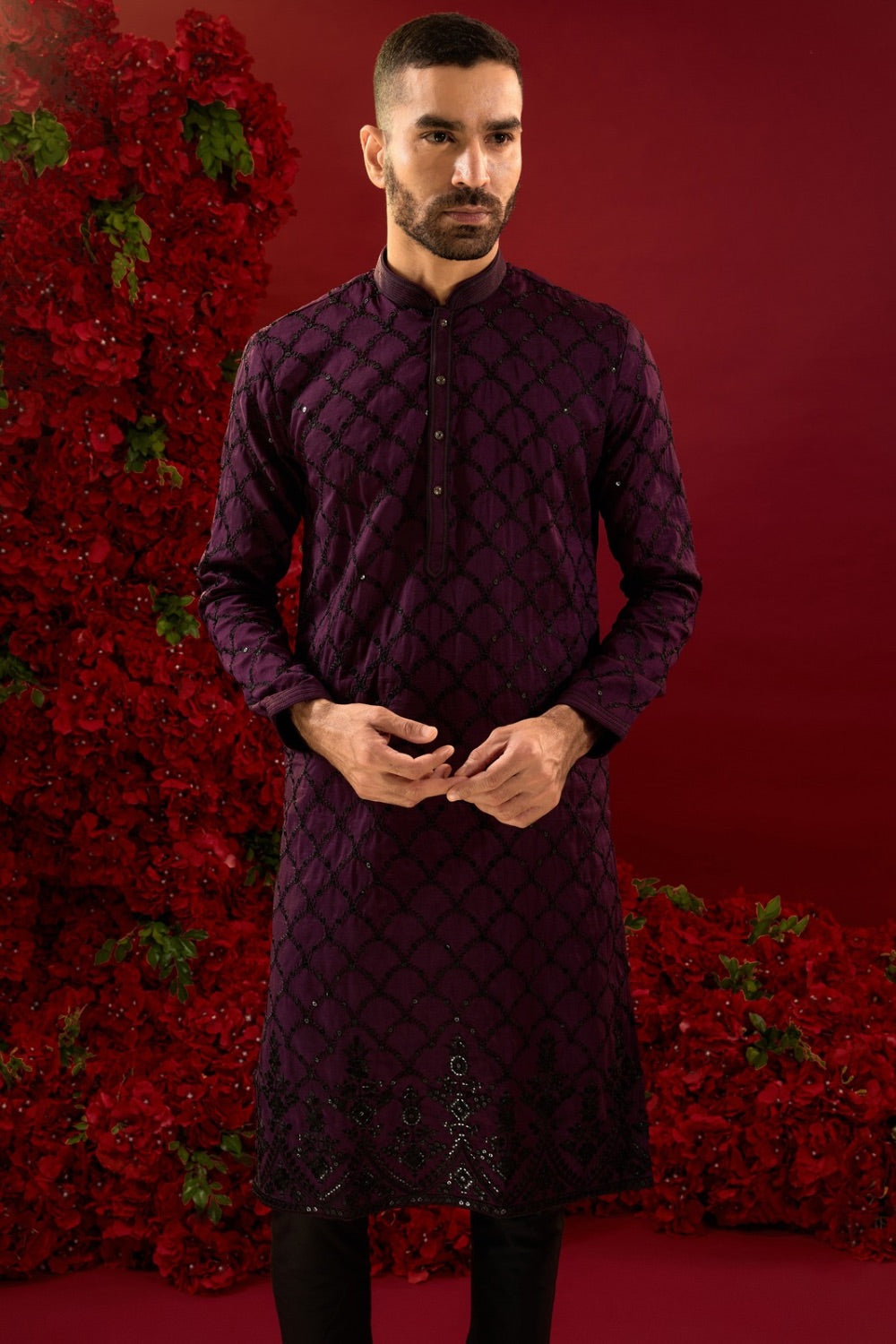 Deep purple silk kurta set with machine work