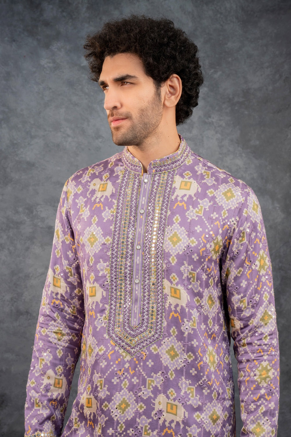 Lilac printed silk kurta set with mirror embroidery