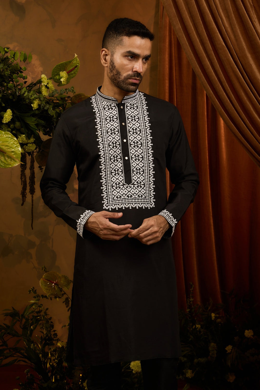 Black silk kurta set with white thread embroidery