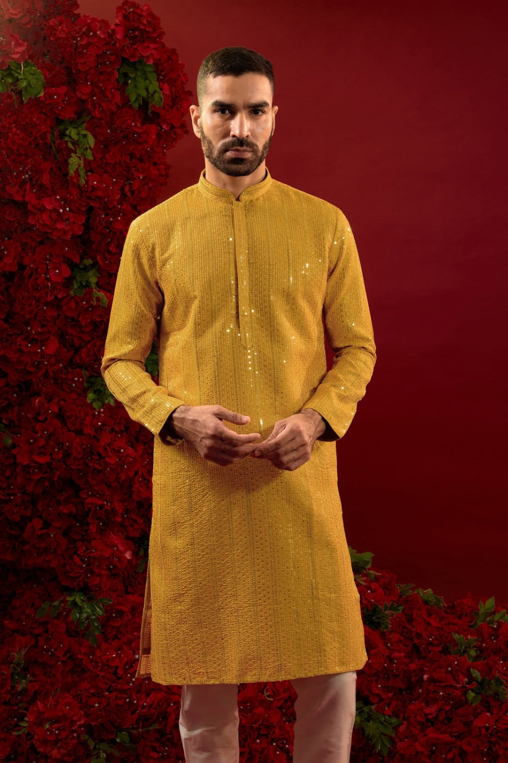 Mustard yellow silk kurta set with machine work