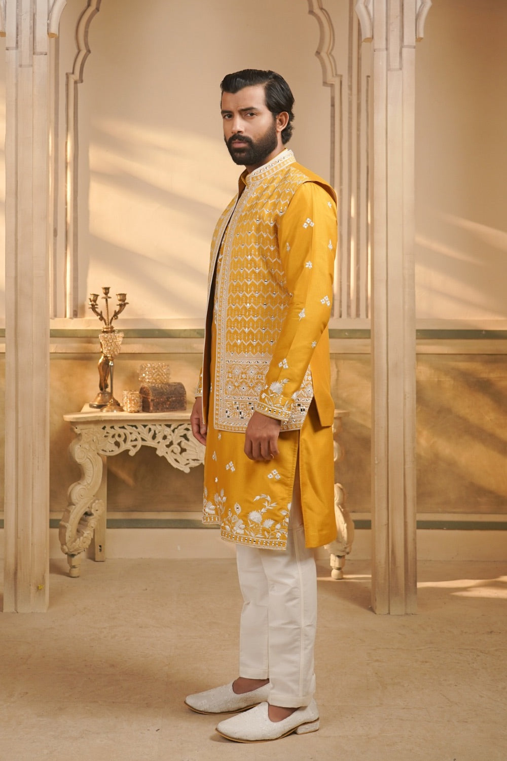 Yellow splendid silk embroidered open jacket kurta set