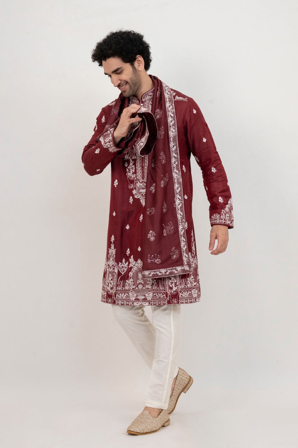 Burgandy resham embroidered malai silk kurta set with sequin and stone work