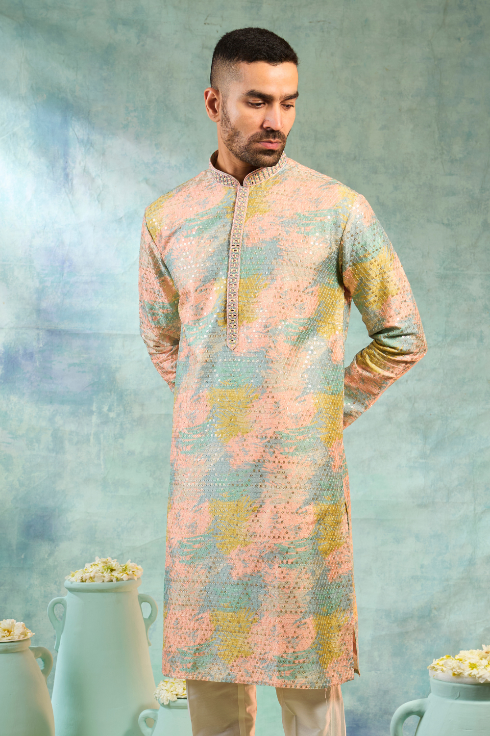 Sea blue silk kurta set with thread and sequence work