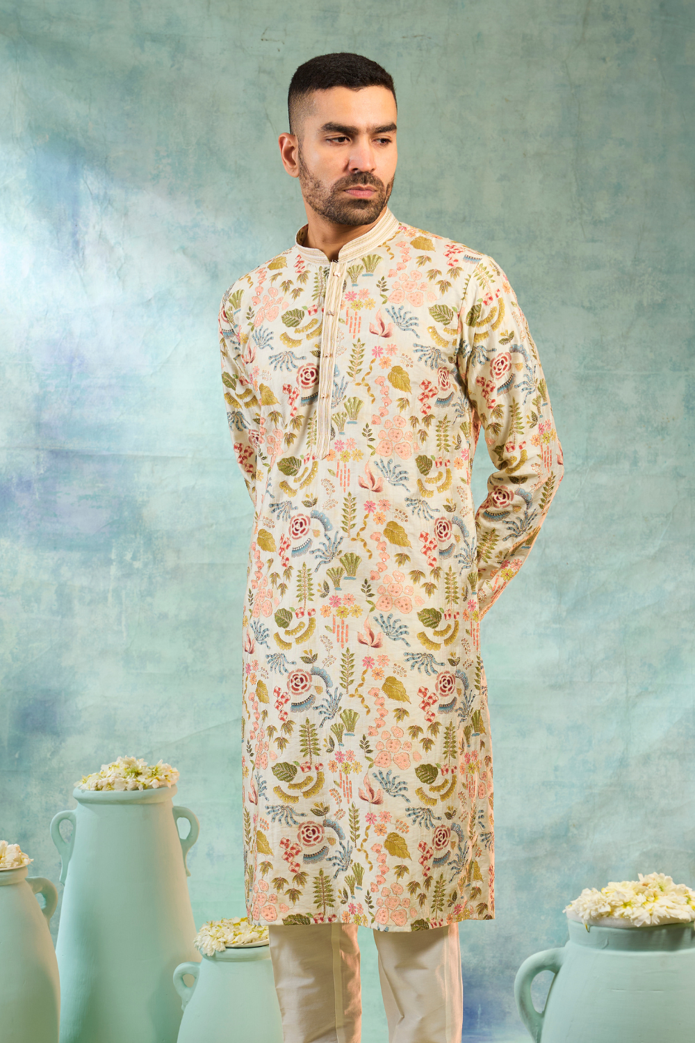 Silk cream kurta with multicolour thread work