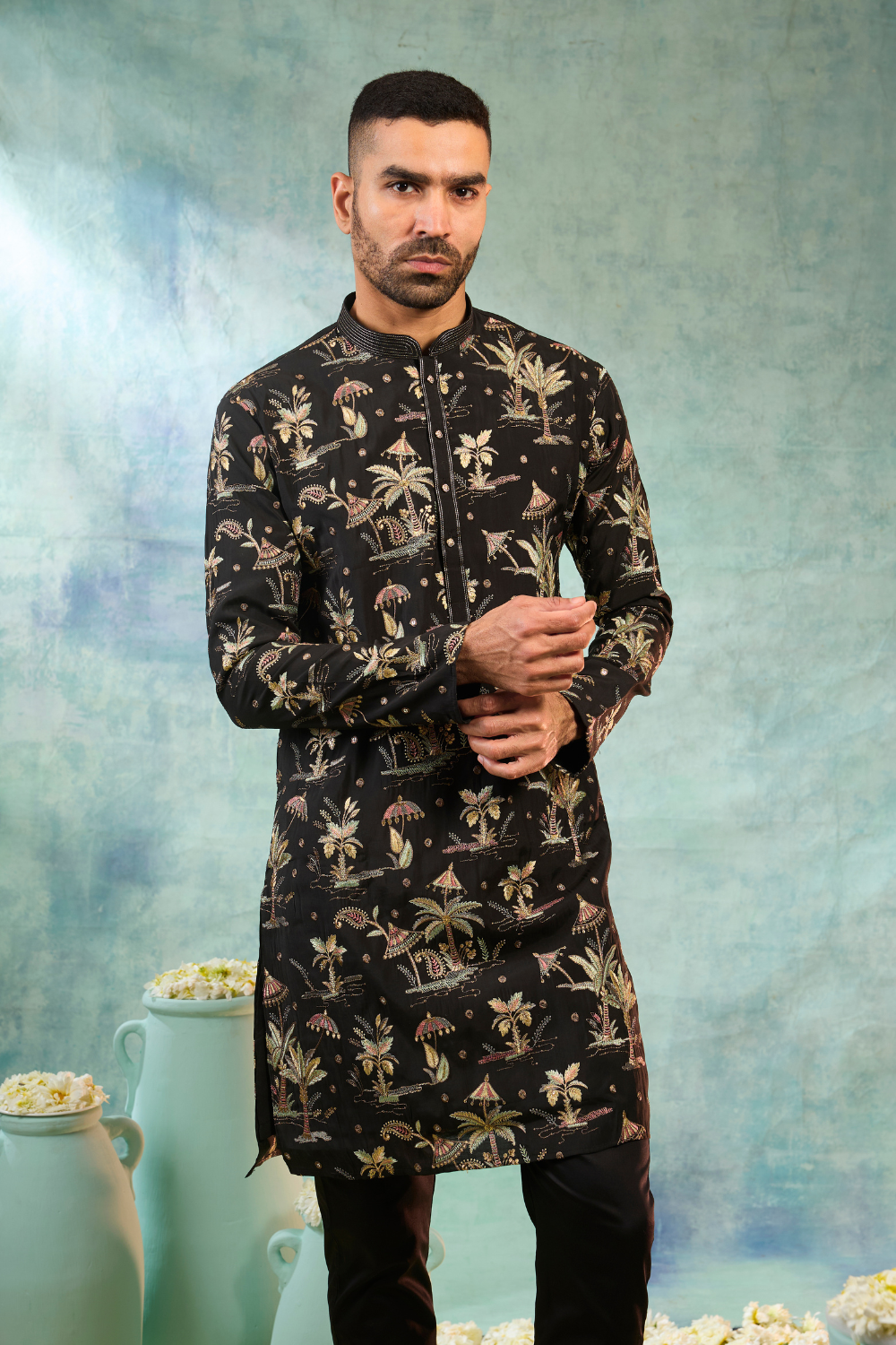 Black kurta set with golden contrast thread work