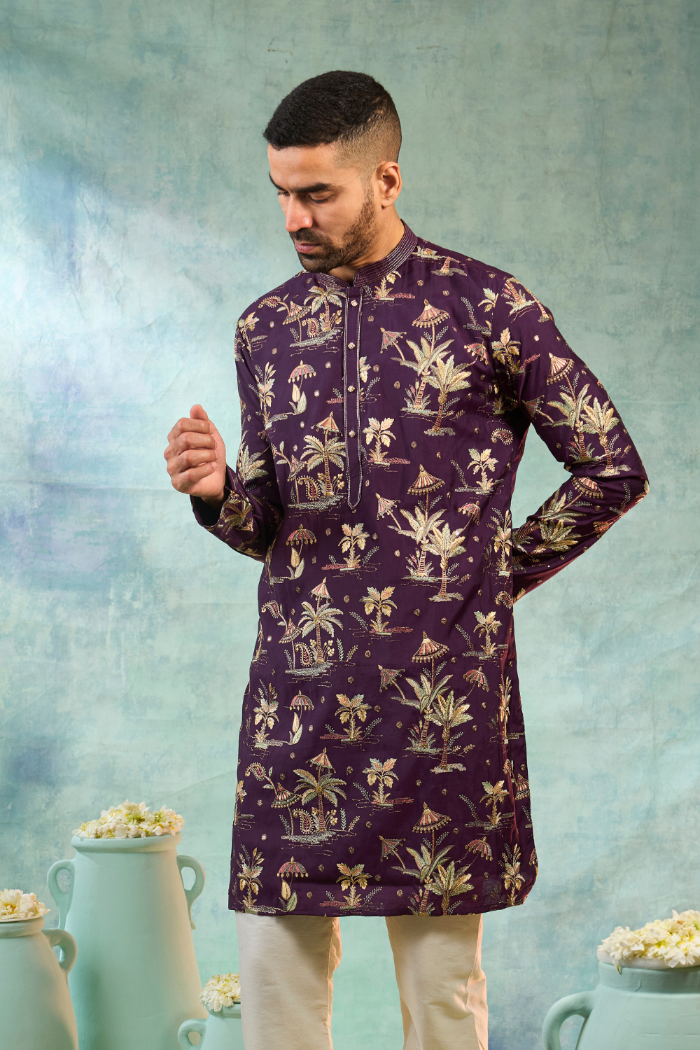 Silk kurta set multi thread embroidery