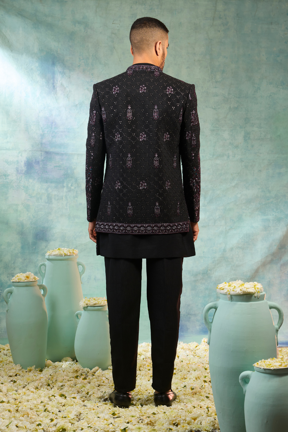 Black silk Indo-Western with multicolour thread embroidery