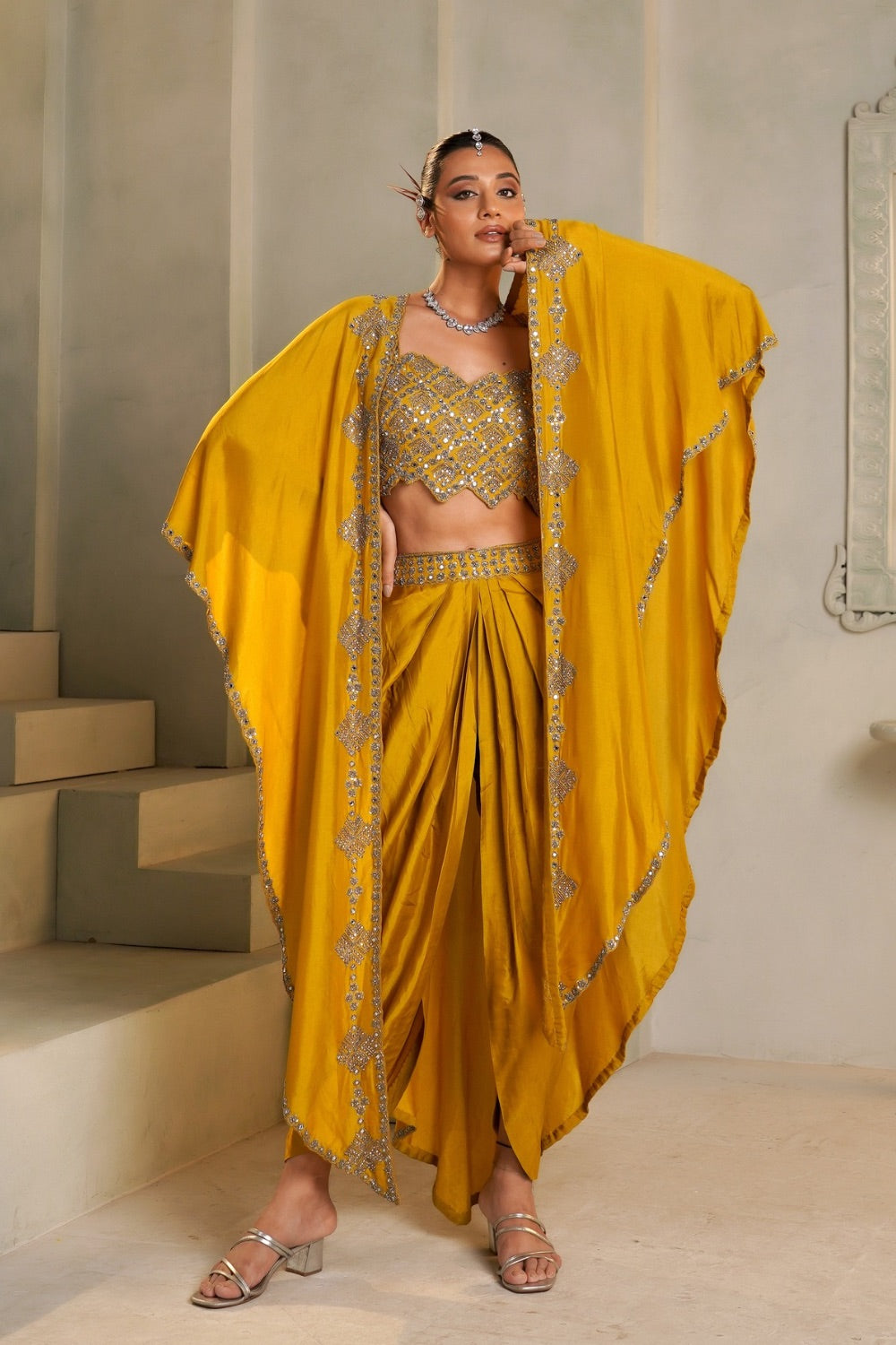 Mustard yellow gaji silk Indo western