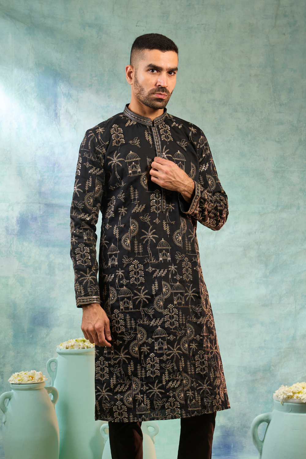 Black silk kurta set with golden thread work