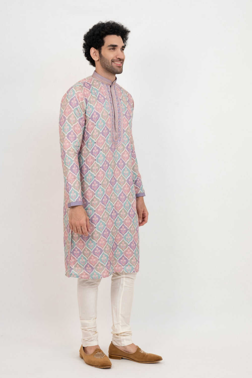 Multicolour lucknowi position print kurta set with mirror and thread work on yoke