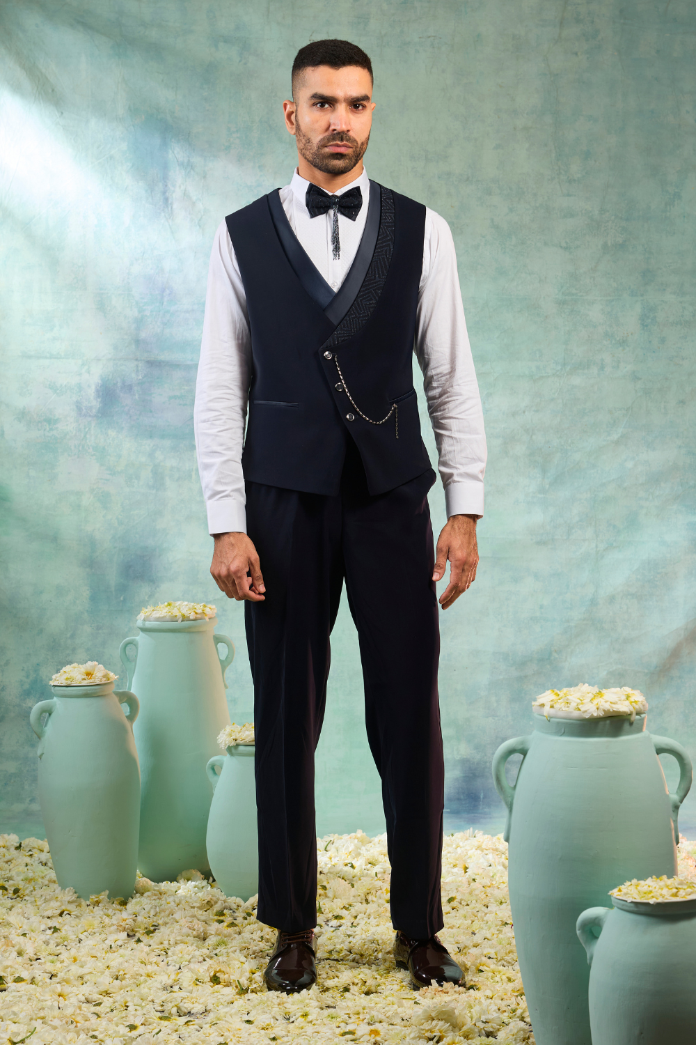 Dark blue jacquard tuxedo with lapel work