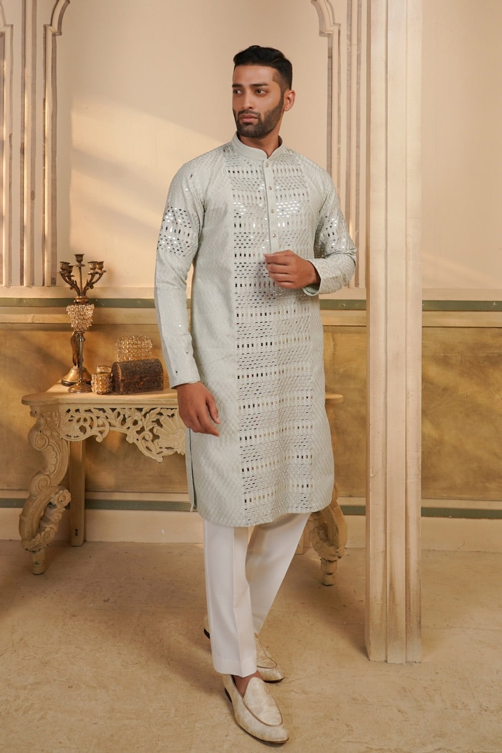 Pastel Green mirror work silk kurta set