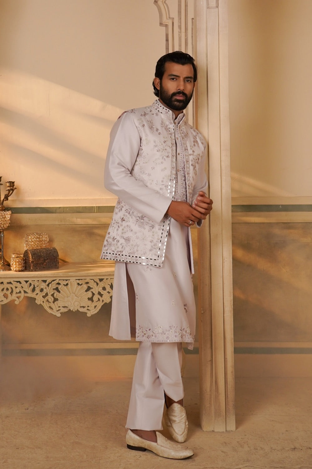 White Splendid Silk Mirror Embroidered Koti Kurta Set