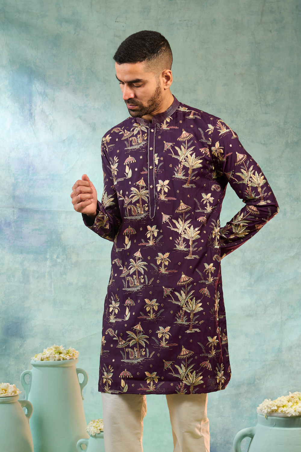 Wine coloured silk kurta with multi colour thread embroidery work