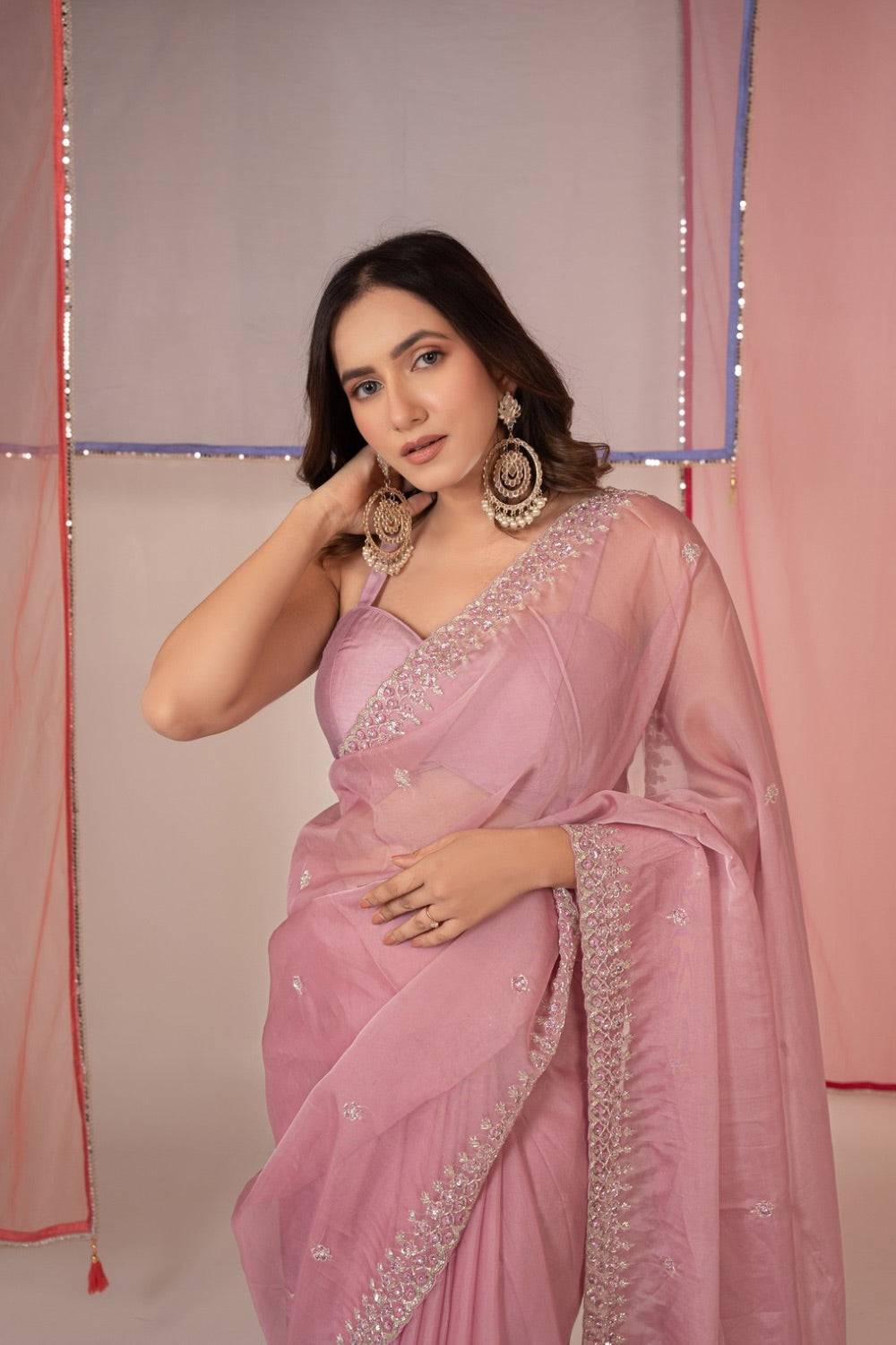 Dusty pink tissue silk saree and unstitched blouse piece