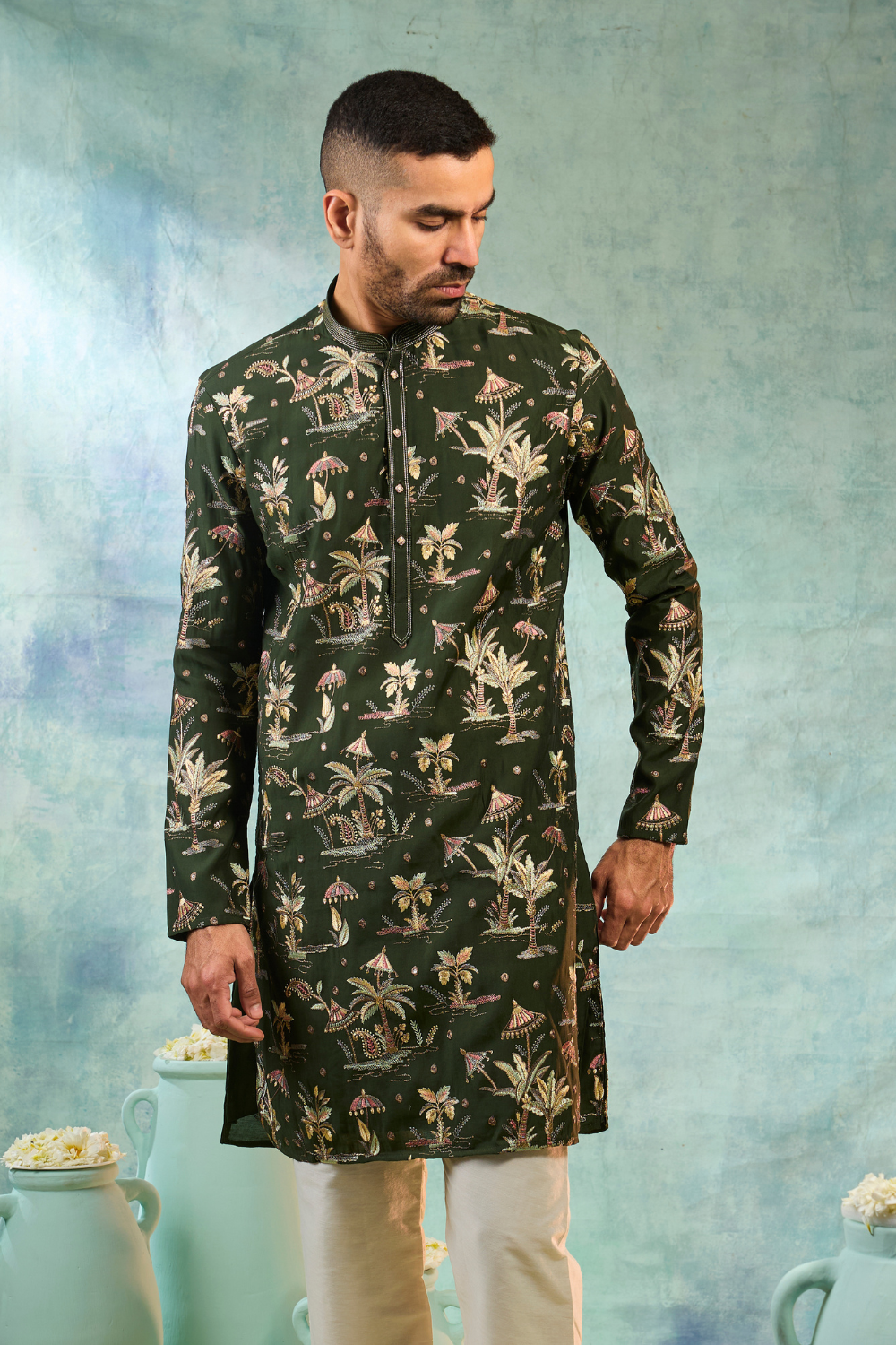 Forest green kurta set with multi coloured embroidery work