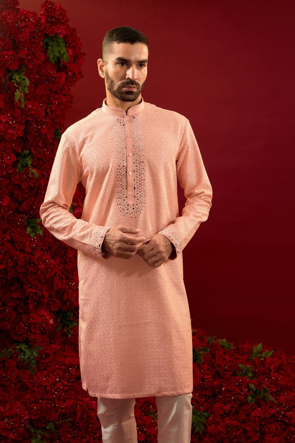 Peach silk kurta and pajama with machine work