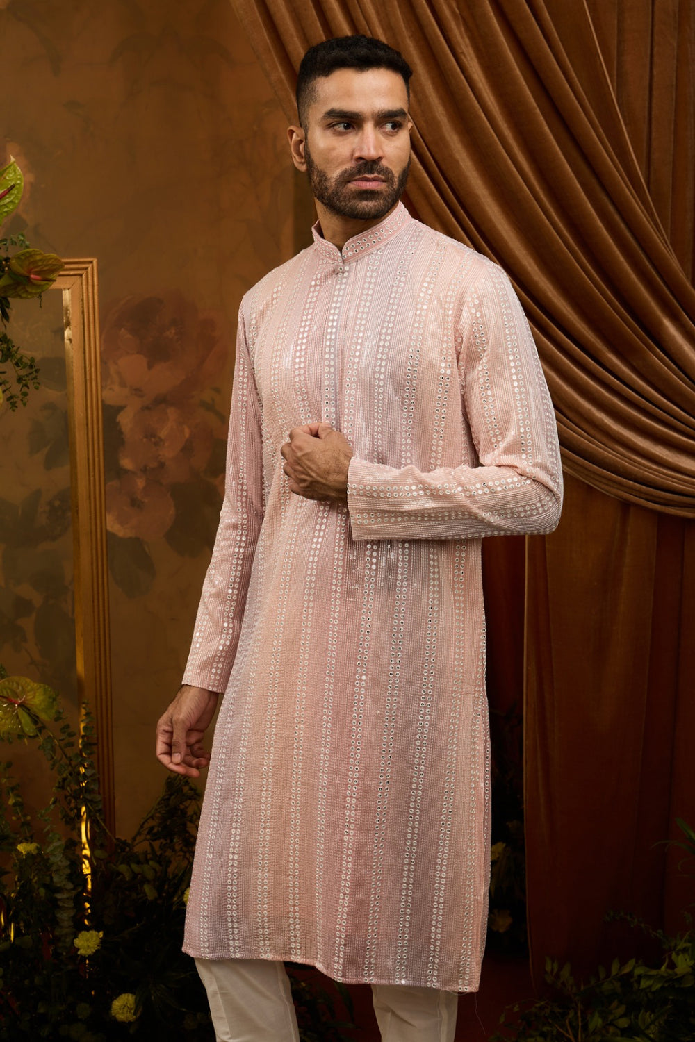 Peach silk kurta pajama set with white embroidery, sequin and thread work