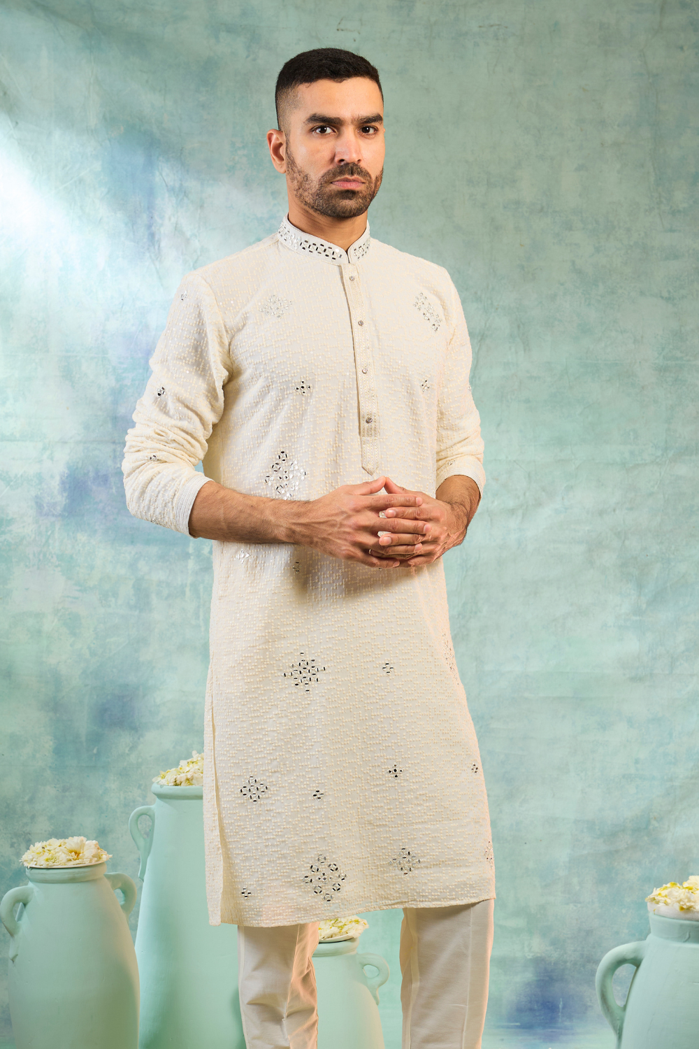 Cream silk kurta set with ivory thread work and embroidery