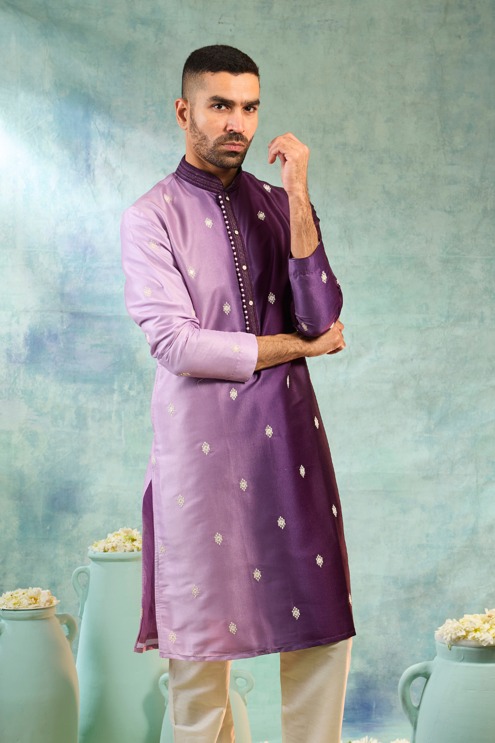 Purple silk kurta set with ombre effect and white motifs