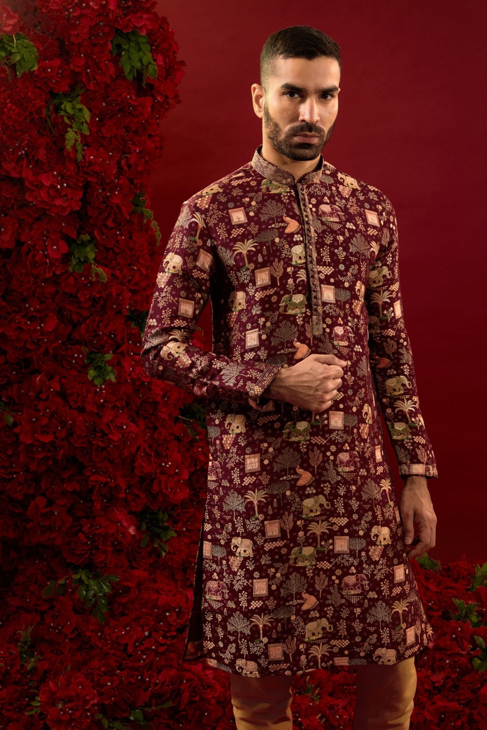 Maroon silk kurta & pajama with machine work