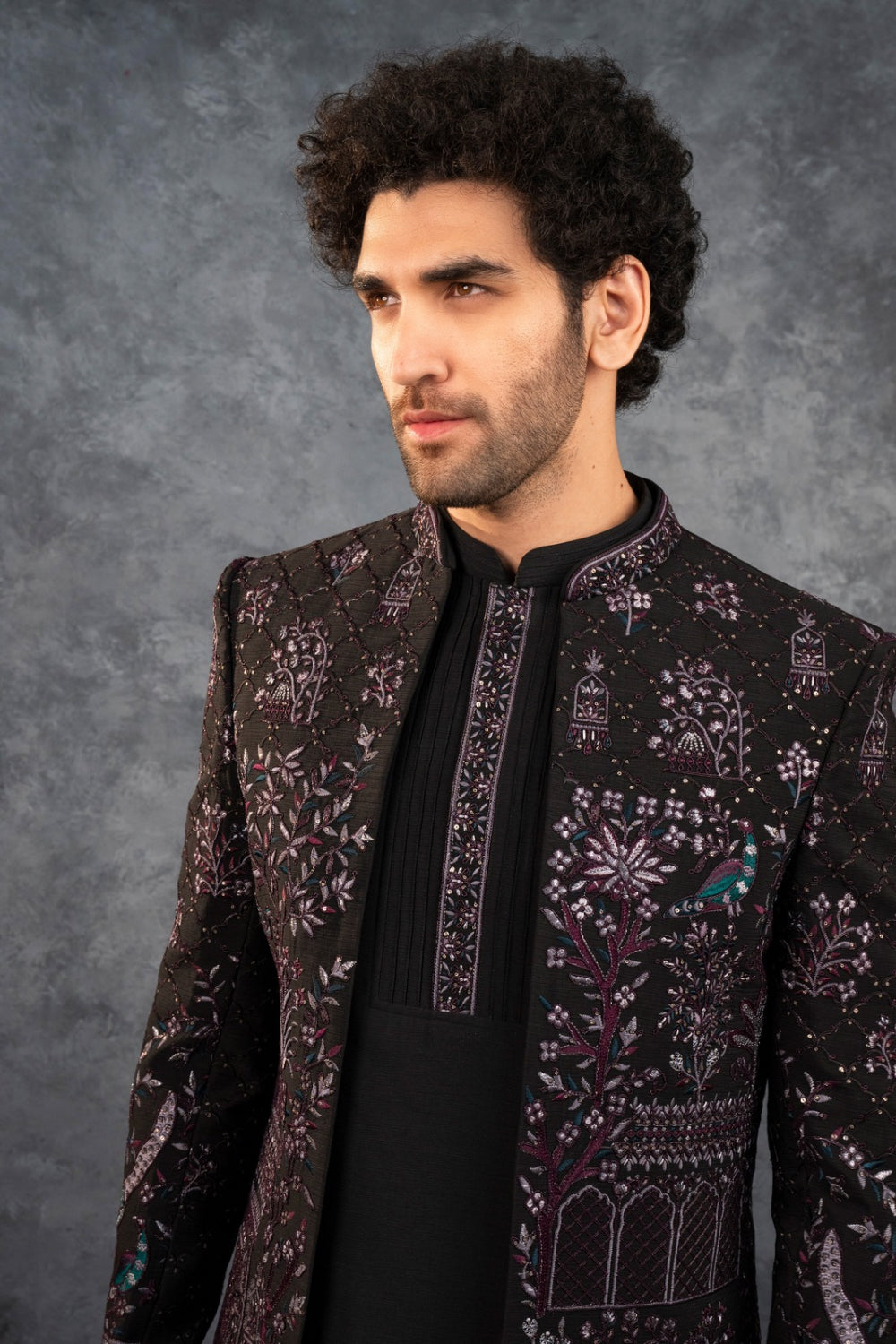 Black silk open Indo Western with silver thread embroidery and sequins work