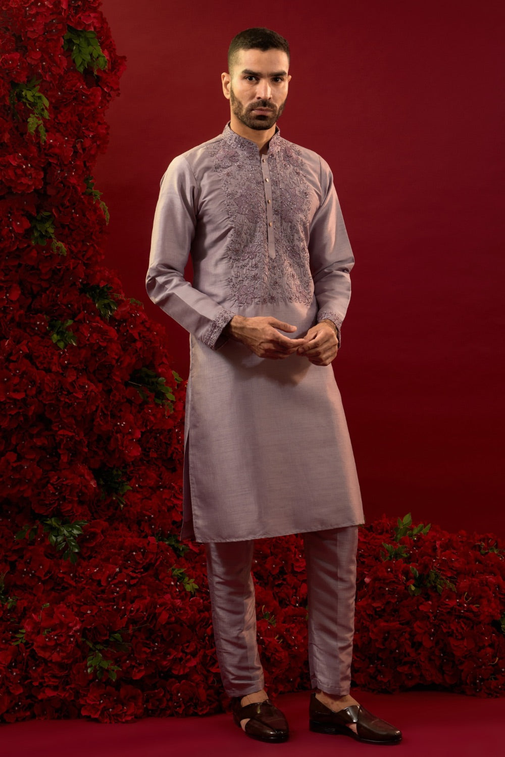 Mauve silk sherwani with detailed hand and machine work