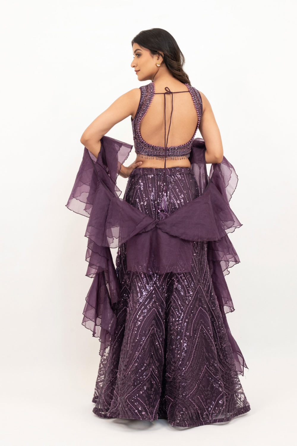 Plum net lehenga choli with sequins and hand cut dana work