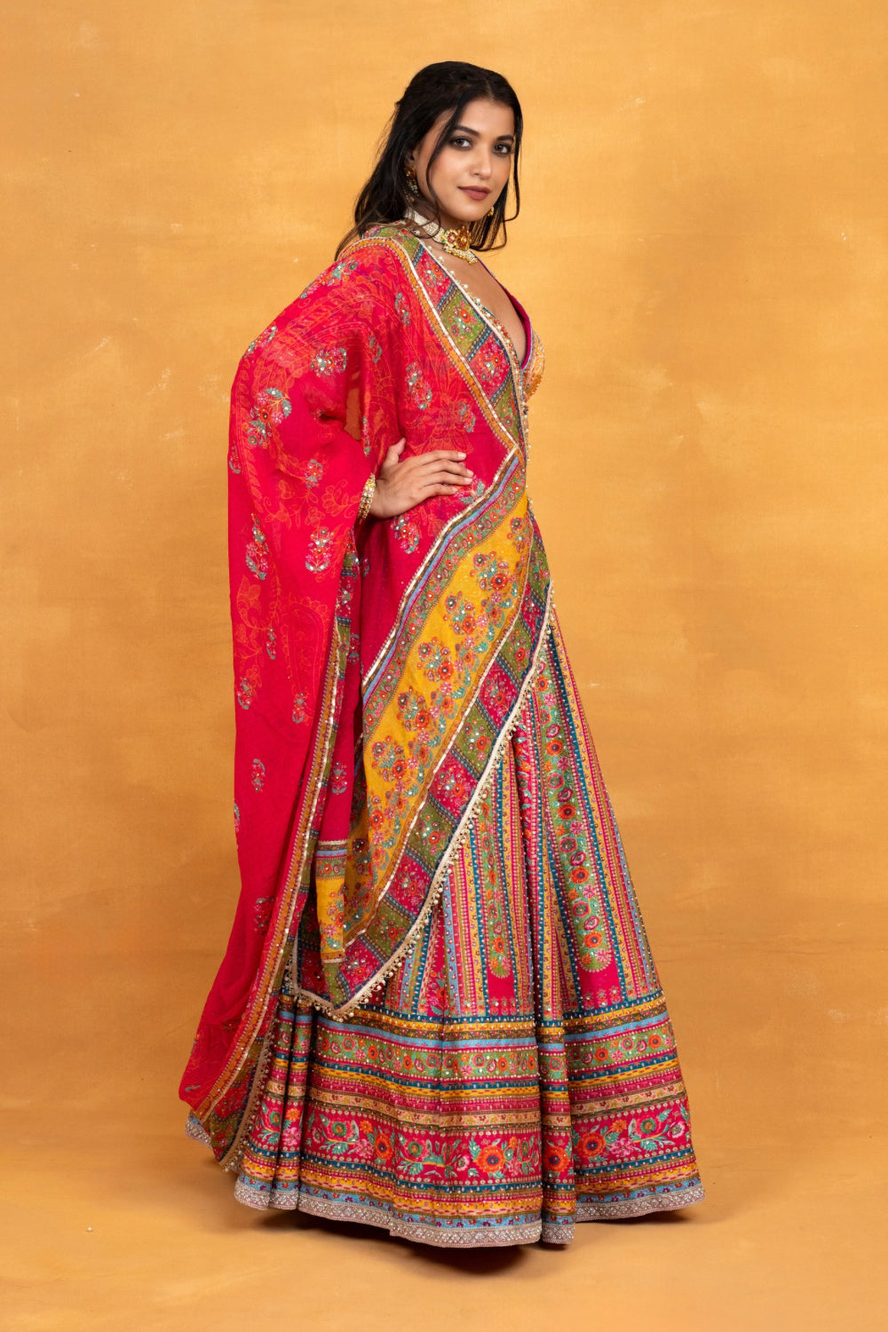 Multicolour printed soft silk lehenga choli with hand cut dana and pearls