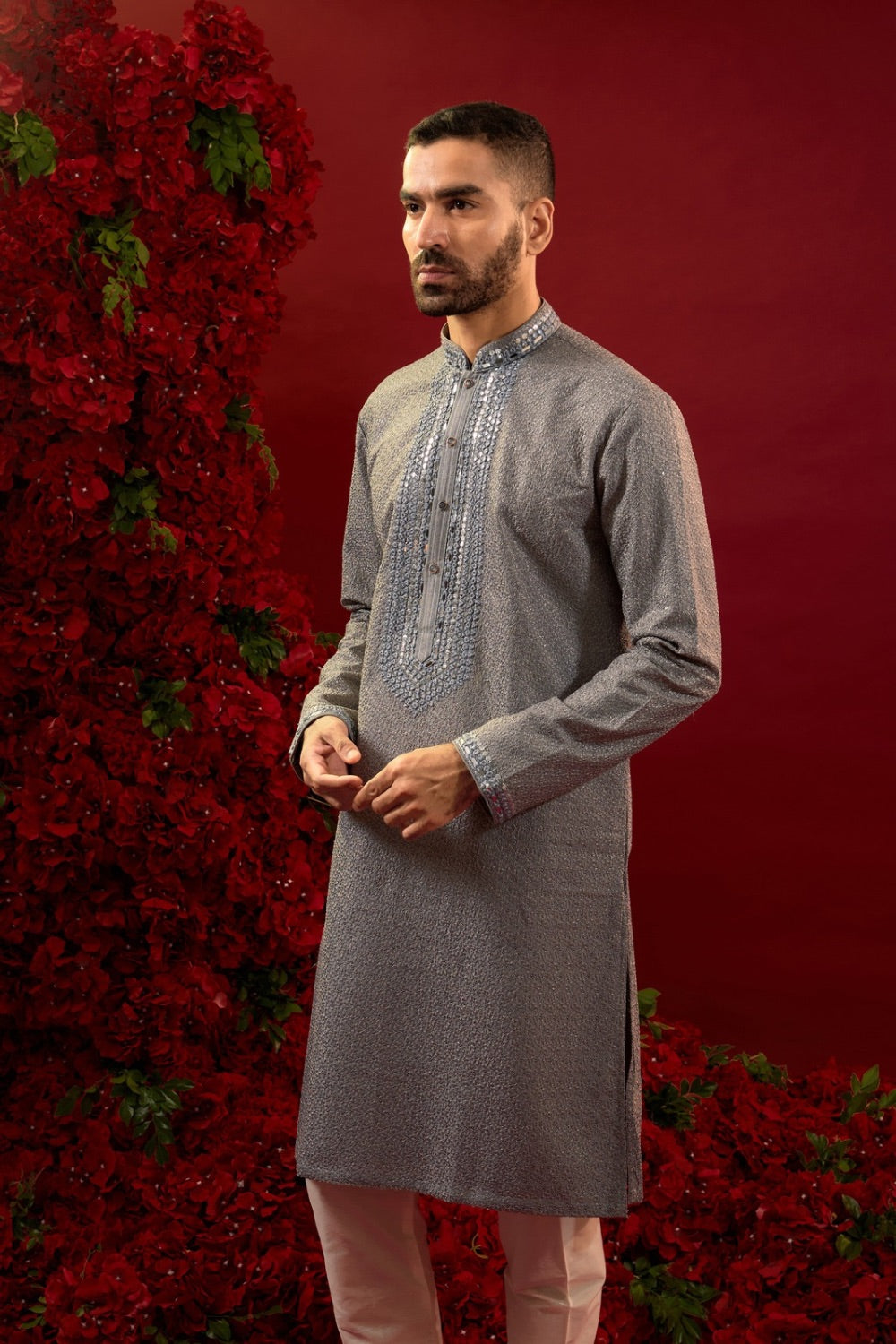 Grey silk kurta & pajama with hand and machine work