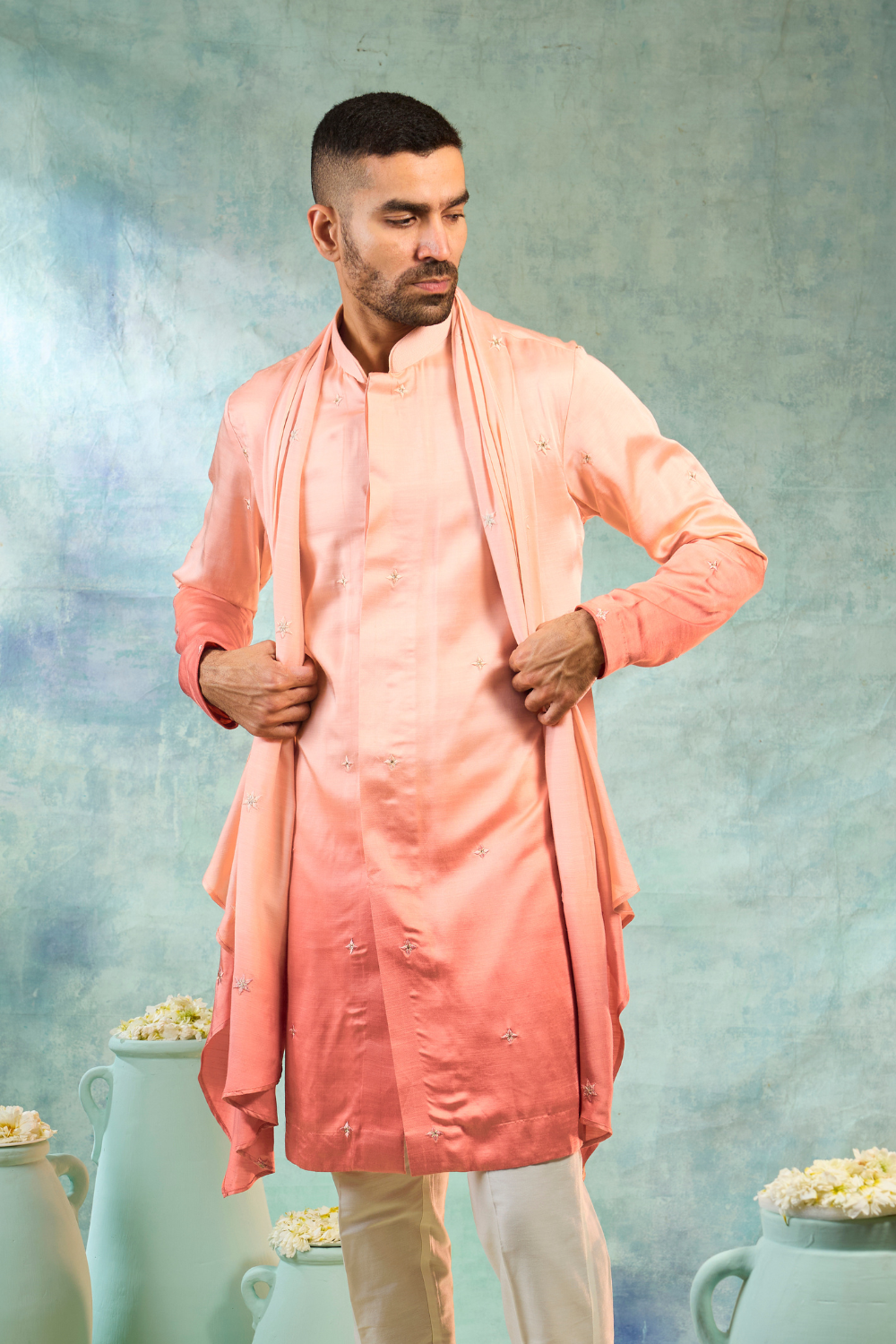 Orange silk kurta set with ombre effect and delicate motifs