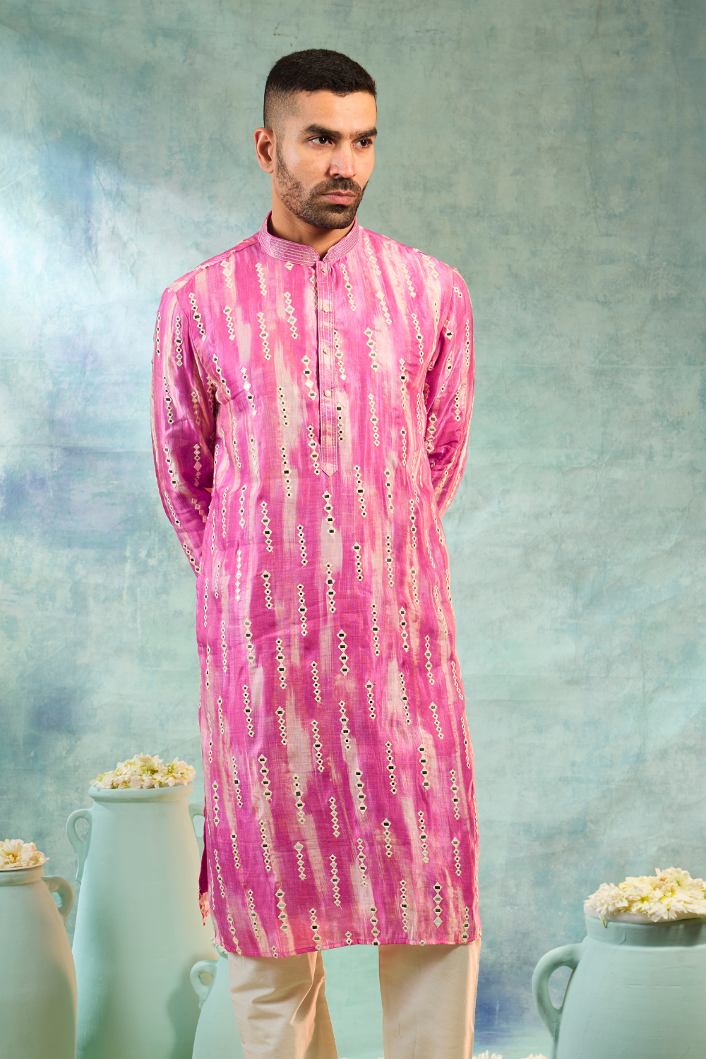 Pink silk kurta with thread and mirror work