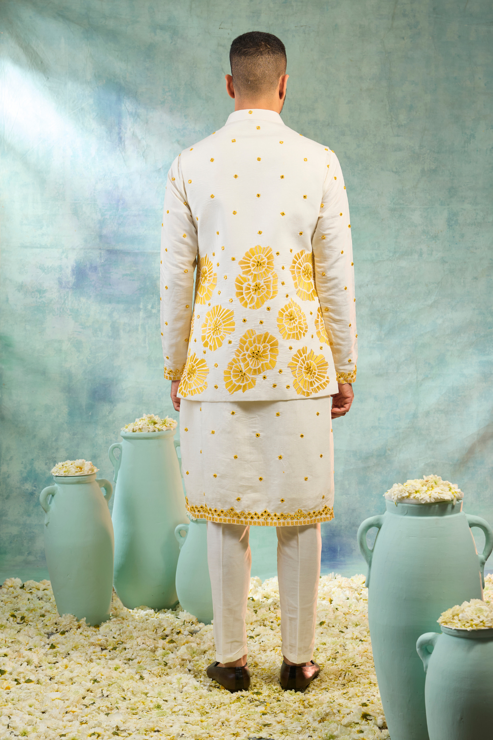 White & yellow silk koti set with thread and mirror work