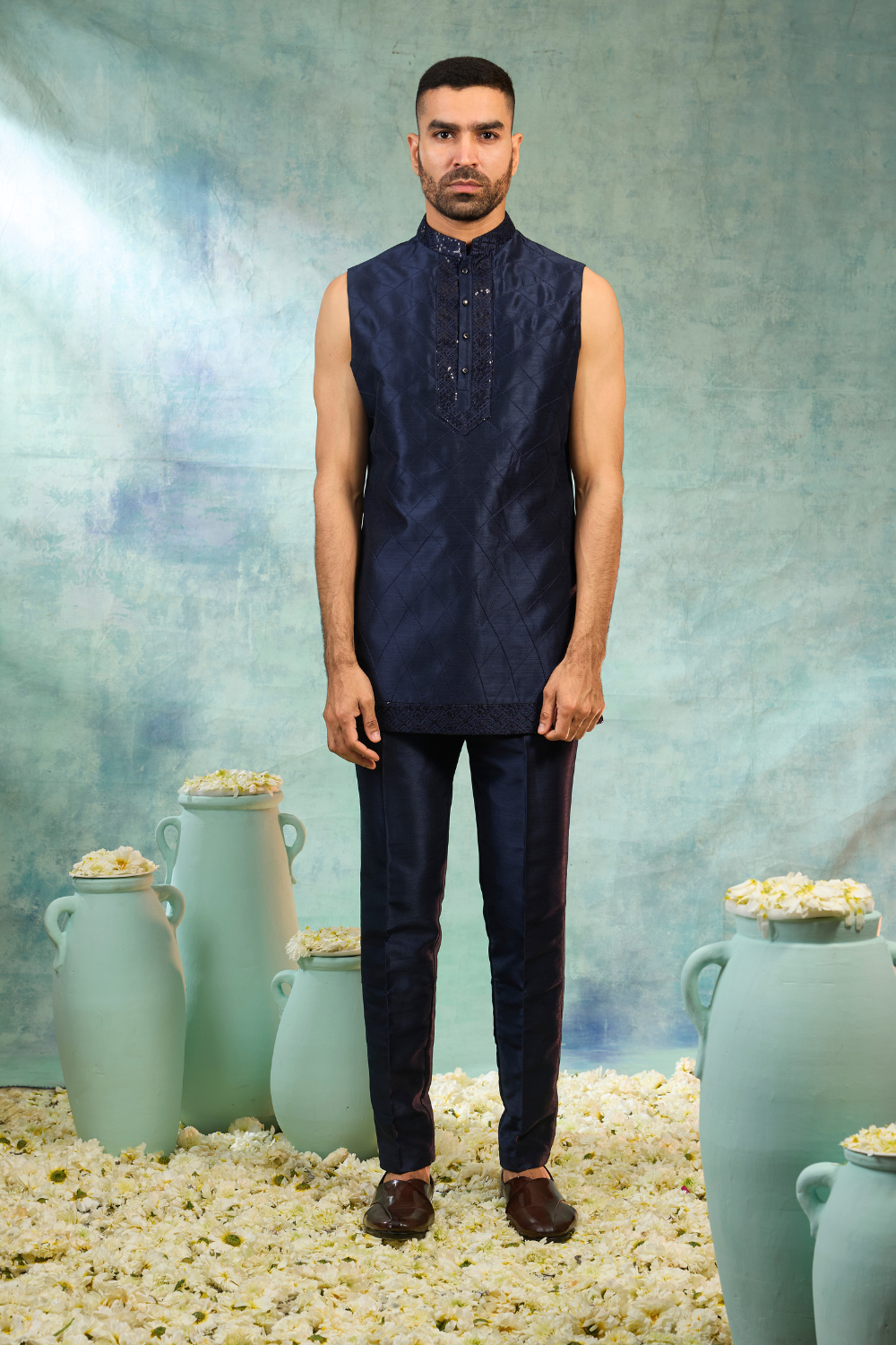 Deep blue silk Indo-Western with sequins work