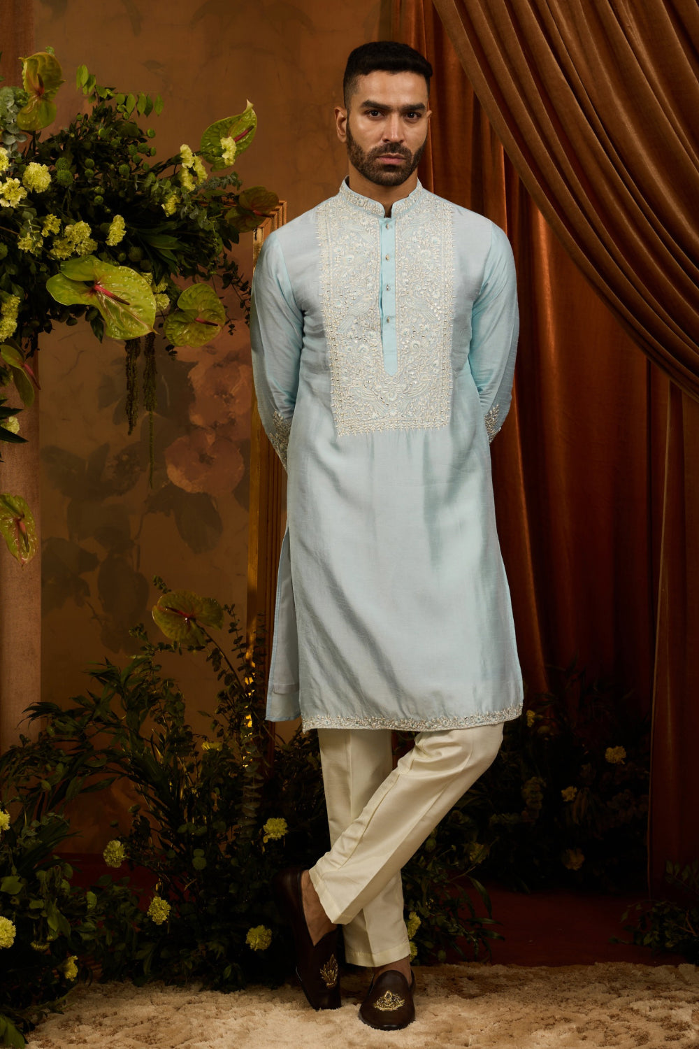 White silk koti with firozi kurta set with embroidery work